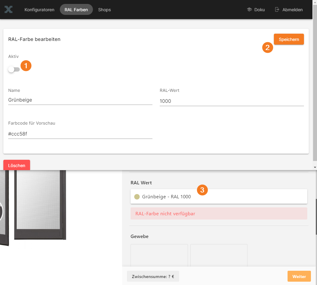 RAL Farbe deaktivieren